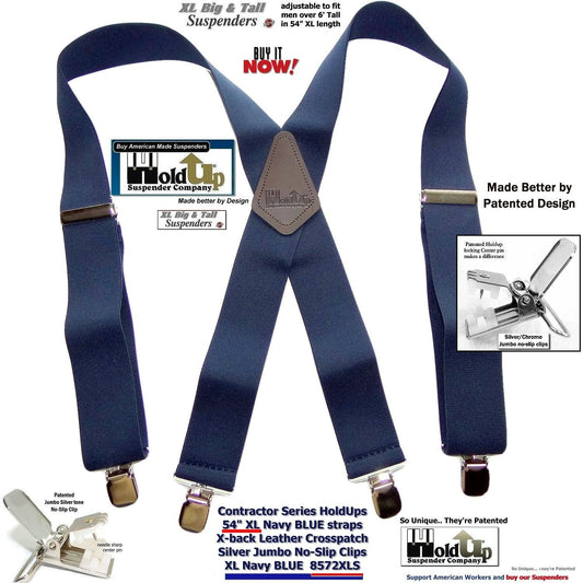 Holdup Suspender Company Extra Long XL Navy Blue wide work Suspenders with Jumbo Silver tone No-slip Clips