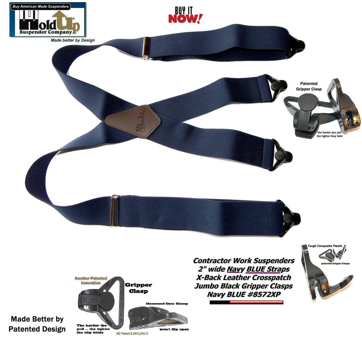 Hold-Ups Heavy Duty Navy Blue 2" Wide Work Suspenders with black Gripper Clasps