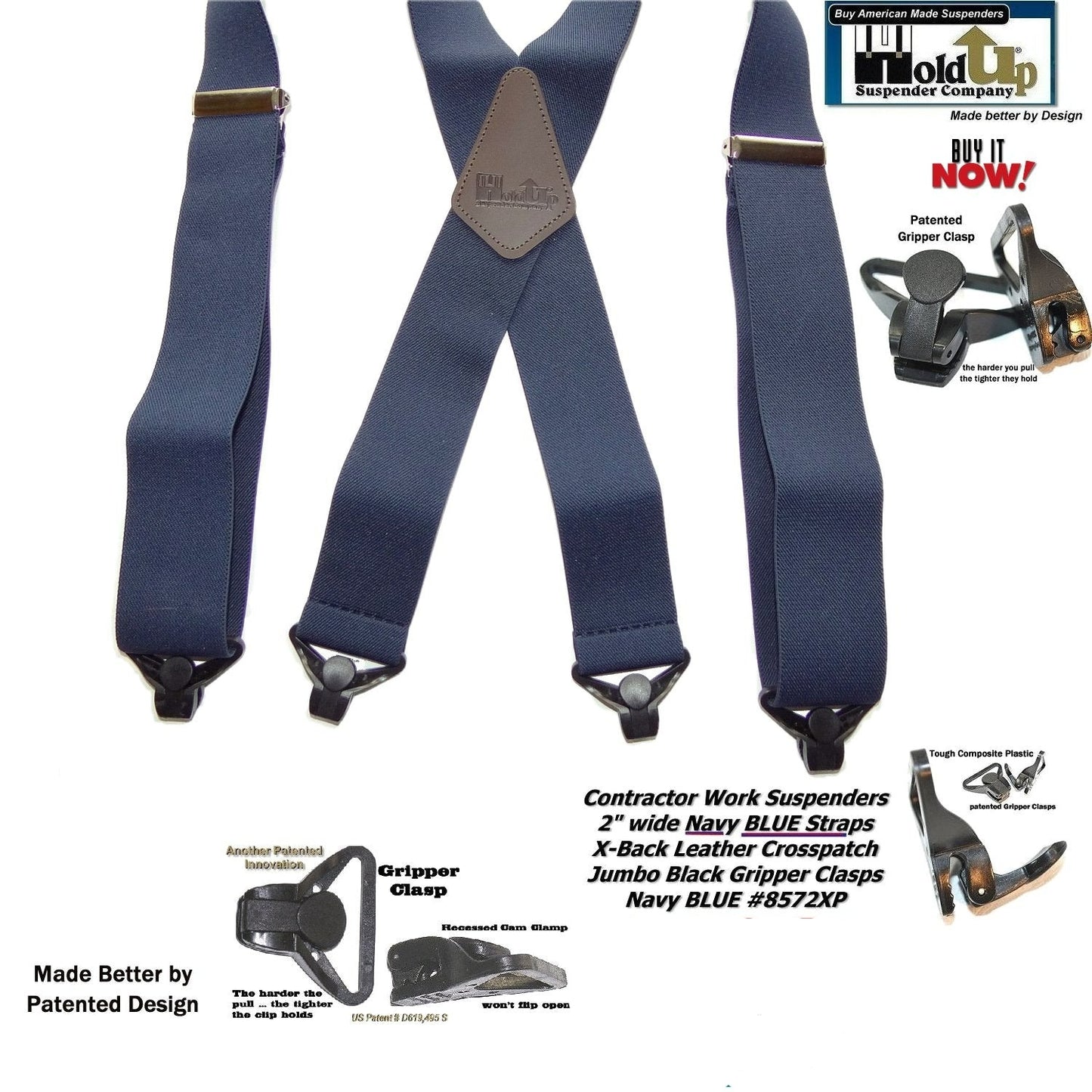 Hold-Ups Heavy Duty Navy Blue 2" Wide Work Suspenders with black Gripper Clasps