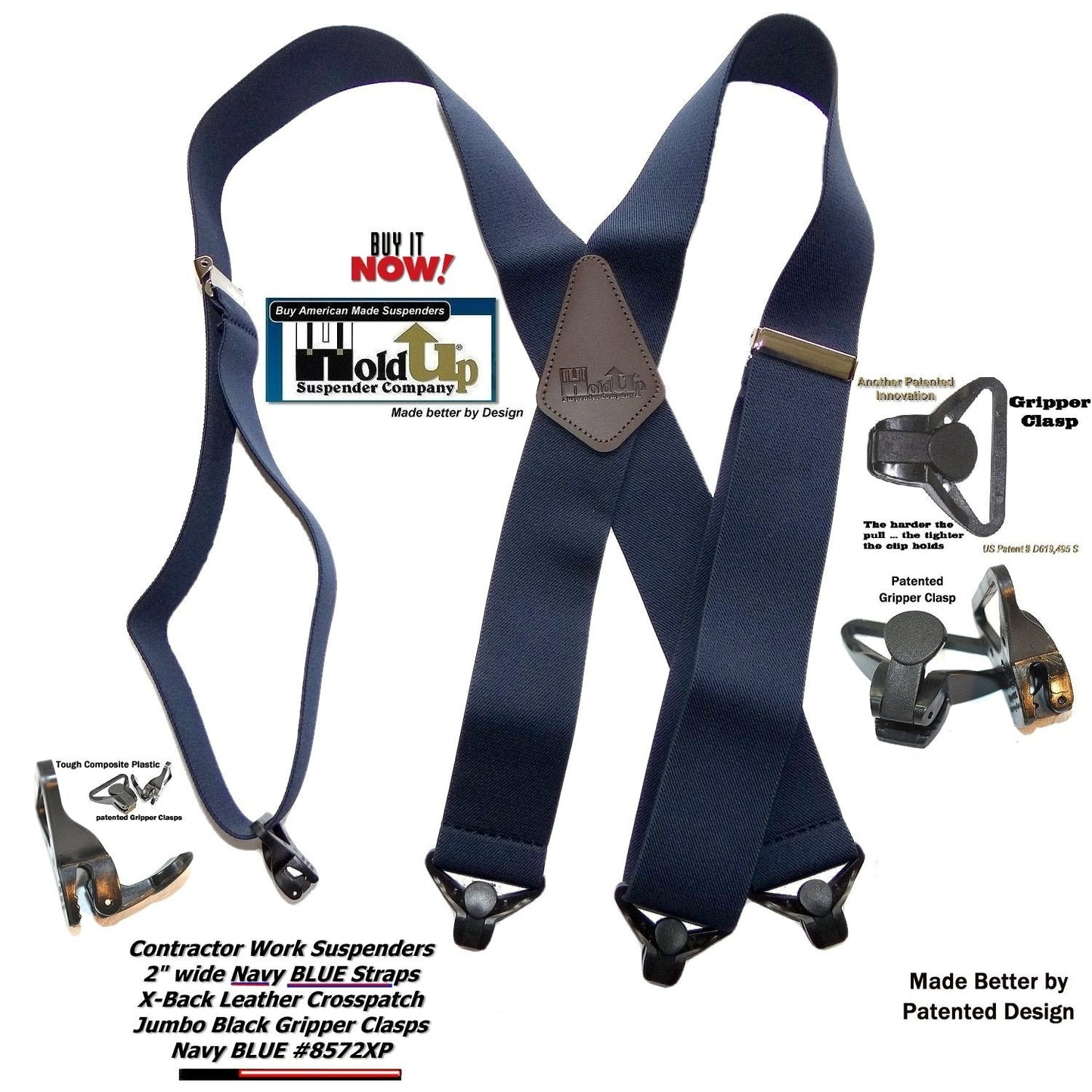 Hold-Ups Heavy Duty Navy Blue 2" Wide Work Suspenders with black Gripper Clasps