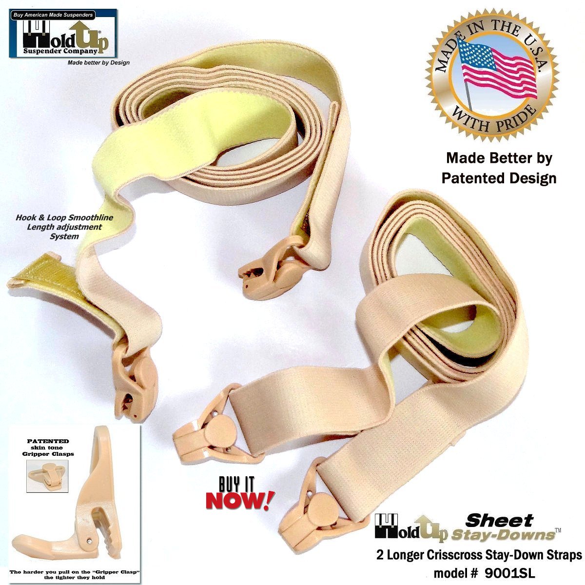 Hold-Up Crisscross long Fitted Sheet Strap called Stay-downs with US Patented Gripper Clasps