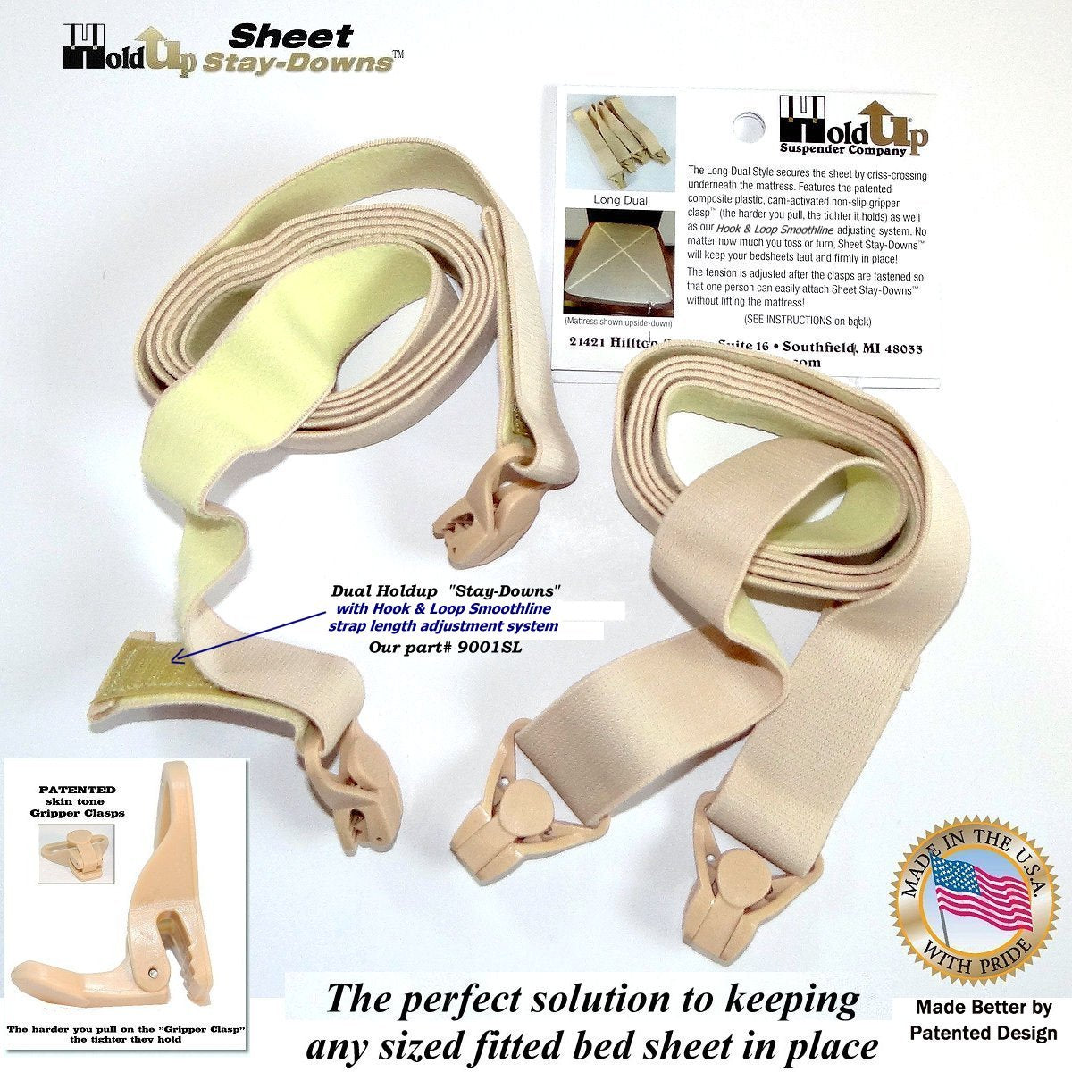 Hold-Up Crisscross long Fitted Sheet Strap called Stay-downs with US Patented Gripper Clasps