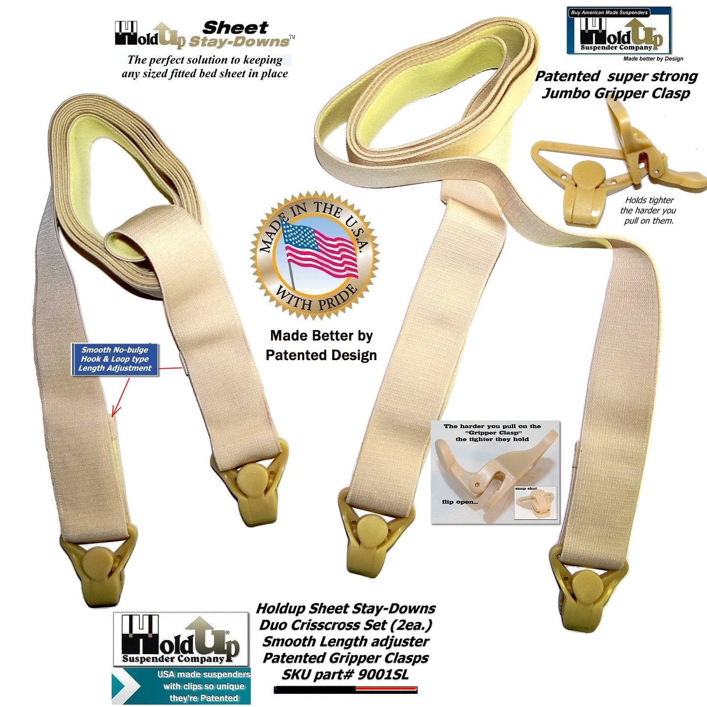 Hold-Up Crisscross long Fitted Sheet Strap called Stay-downs with US Patented Gripper Clasps