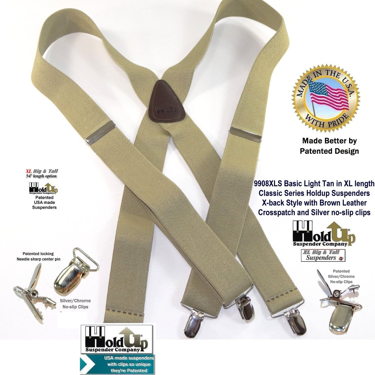 Hold-Ups Classic tan XL suspenders 1 1/2"wide 54' long with patented silver no-slip clips