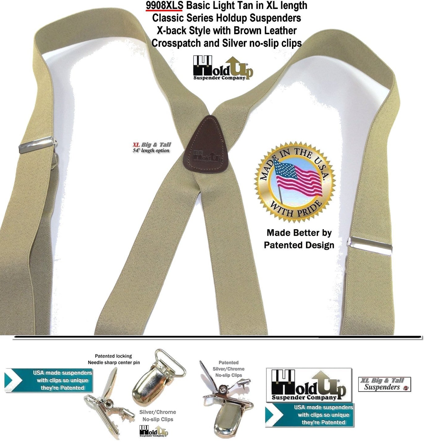 Hold-Ups Classic tan XL suspenders 1 1/2"wide 54' long with patented silver no-slip clips