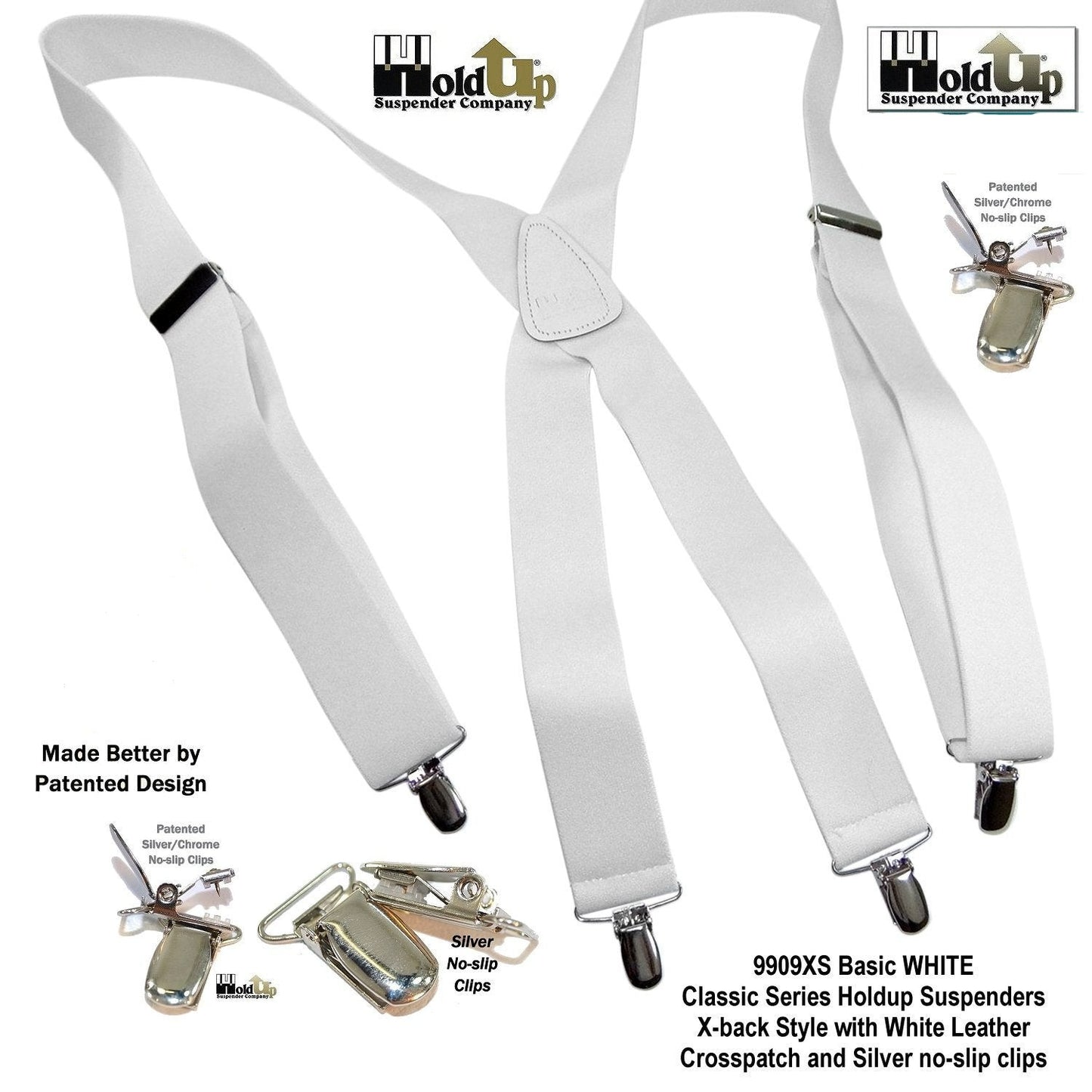 Holdup Suspender Company Classic Series All White X-back clip-on Suspenders with Patented Silver No-slip