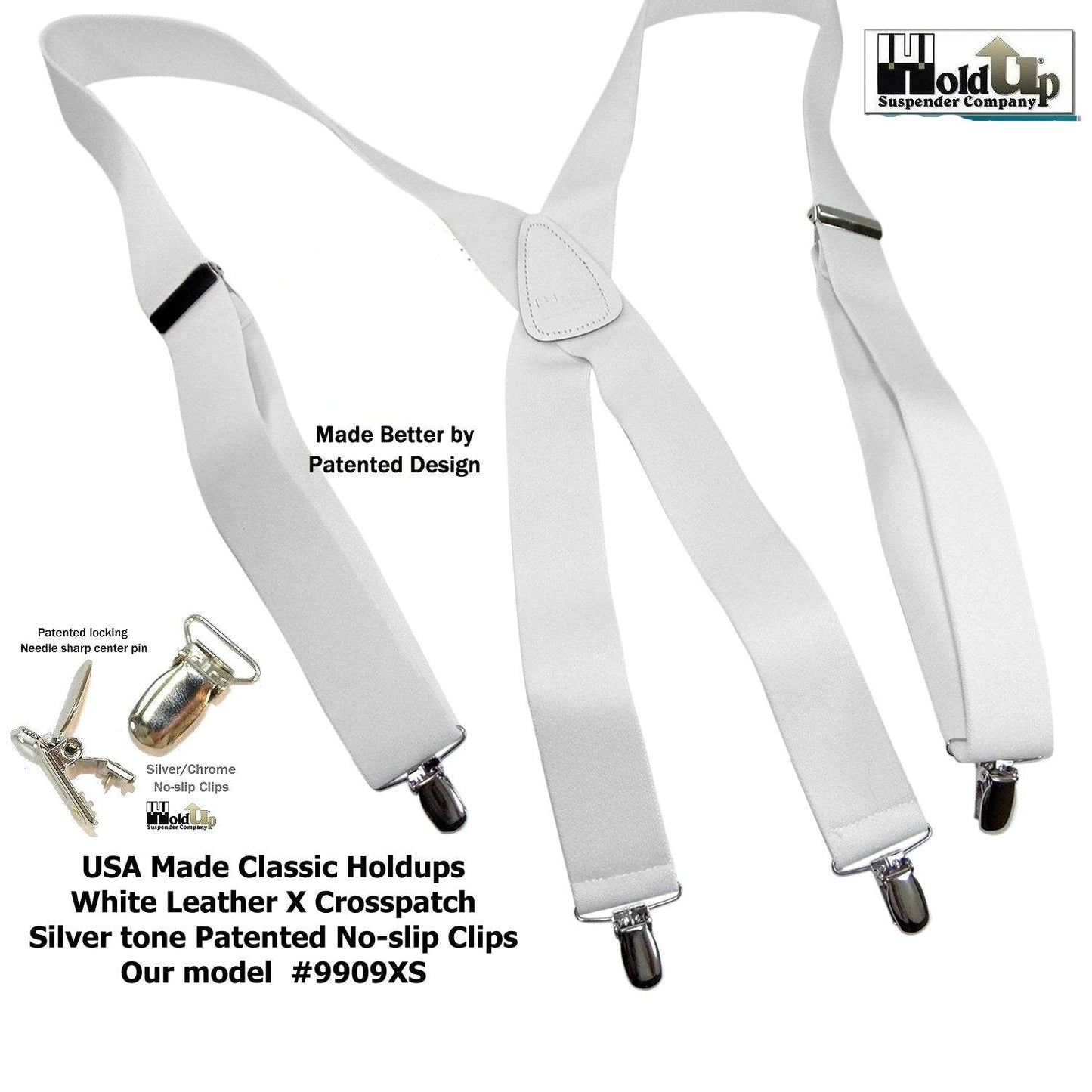 Holdup Suspender Company Classic Series All White X-back clip-on Suspenders with Patented Silver No-slip