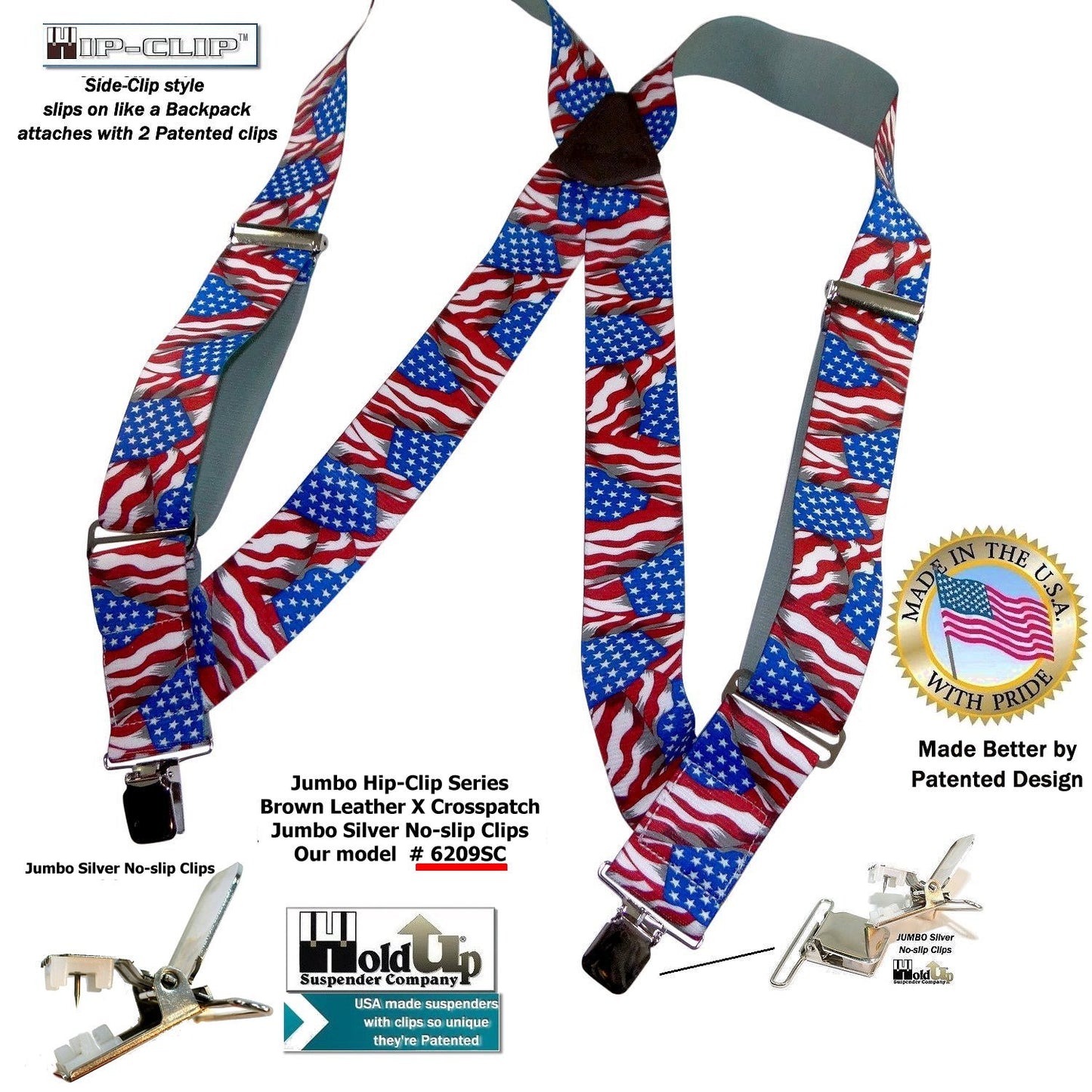 USA Flag pattern Holdup Hip-Clip 2 inch wide suspenders with Patented Jumbo silver tone  no-slip clips