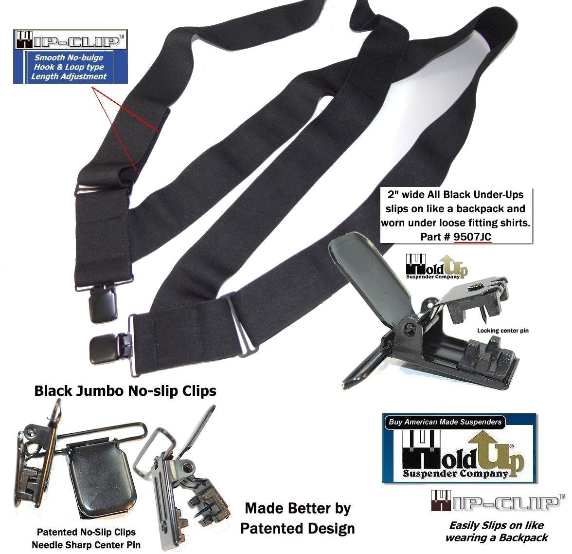 HoldUp Brand No-Slip Clip Black 2" Wide Under-Ups suspenders