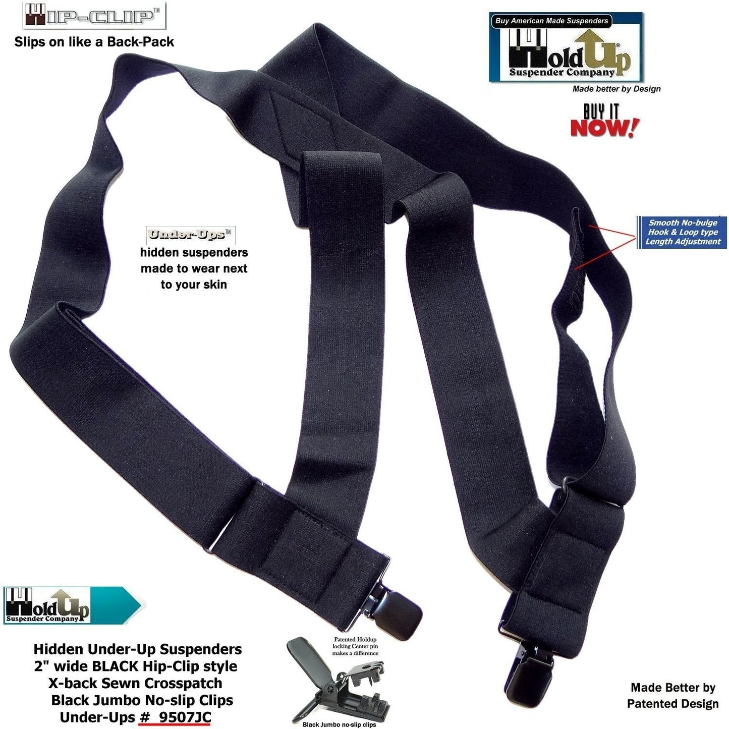 HoldUp Brand No-Slip Clip Black 2" Wide Under-Ups suspenders