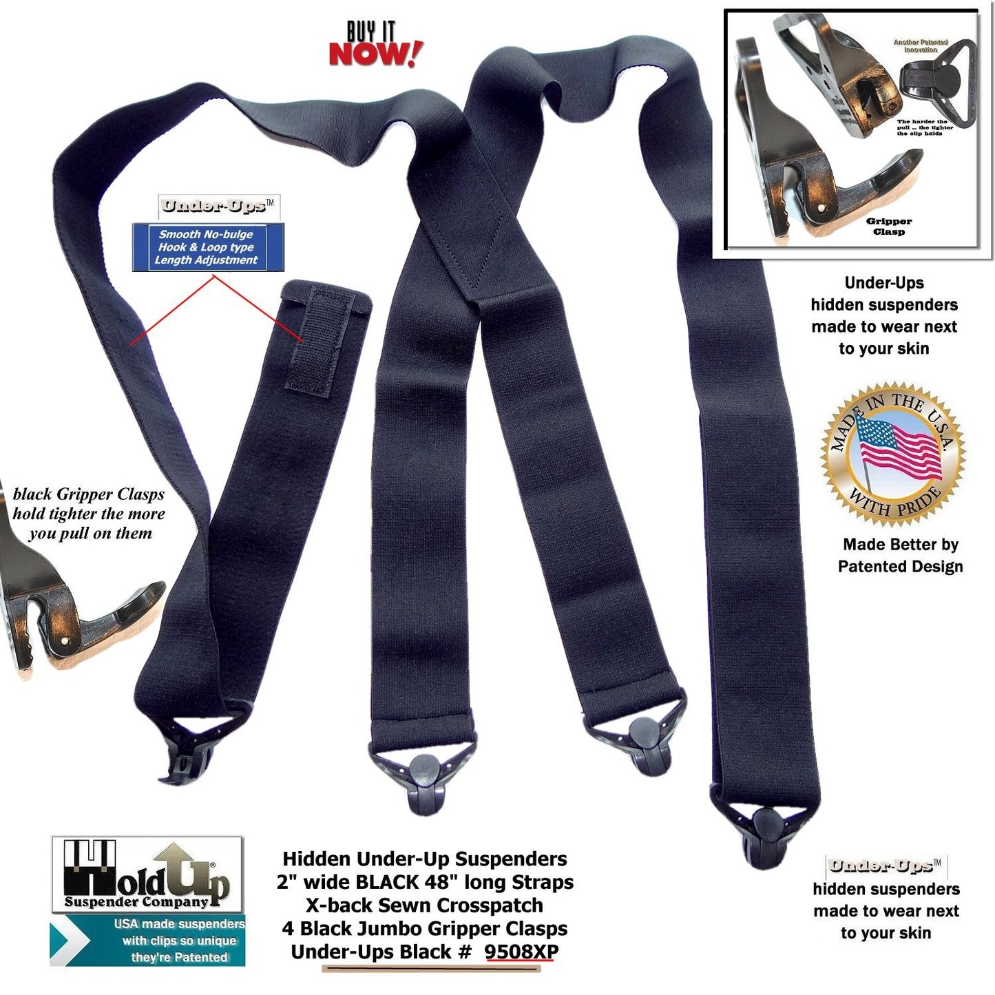 HoldUp Brand 2" Under-Up Series All Black hidden Suspenders with Jumbo Black Gripper Clasp