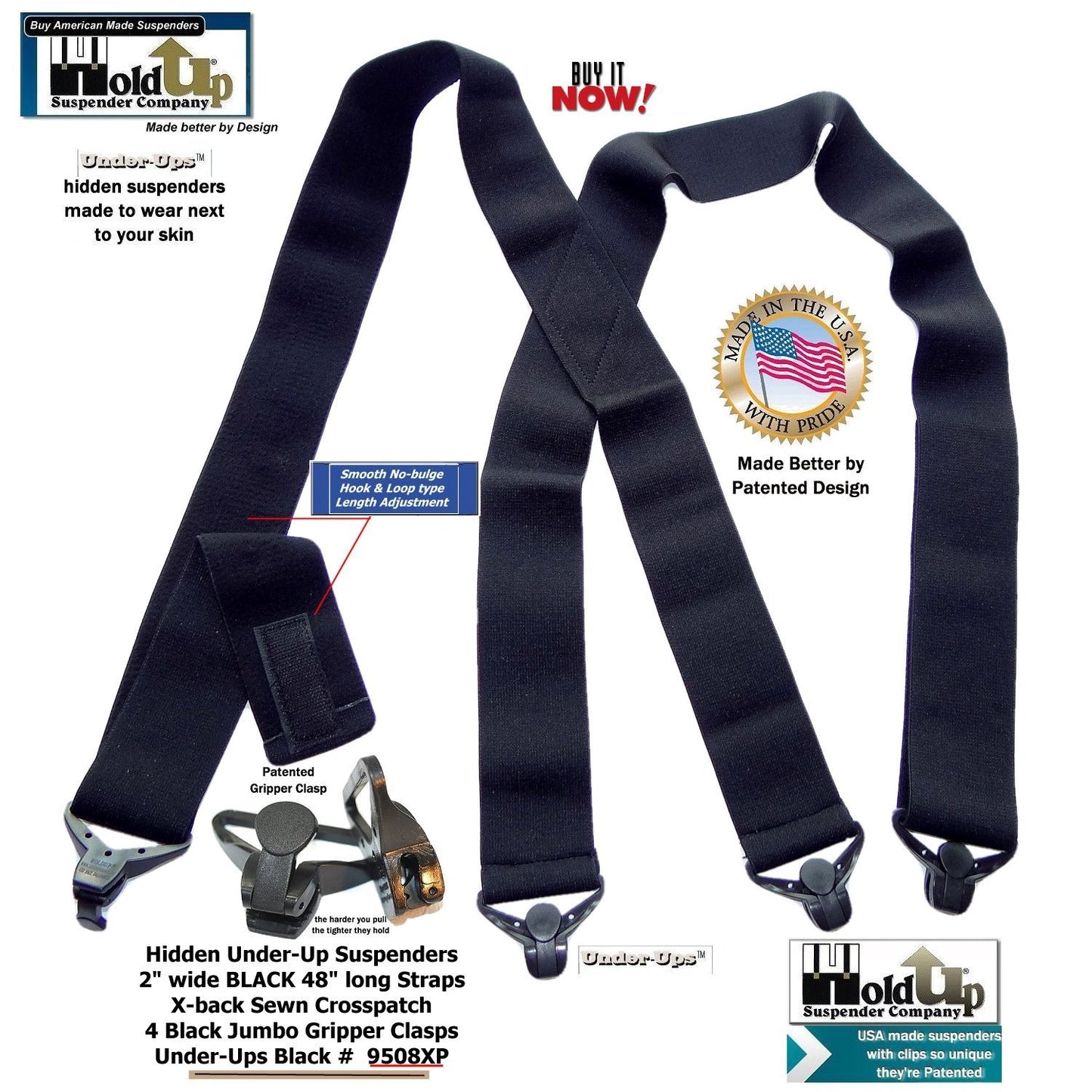 HoldUp Brand 2" Under-Up Series All Black hidden Suspenders with Jumbo Black Gripper Clasp