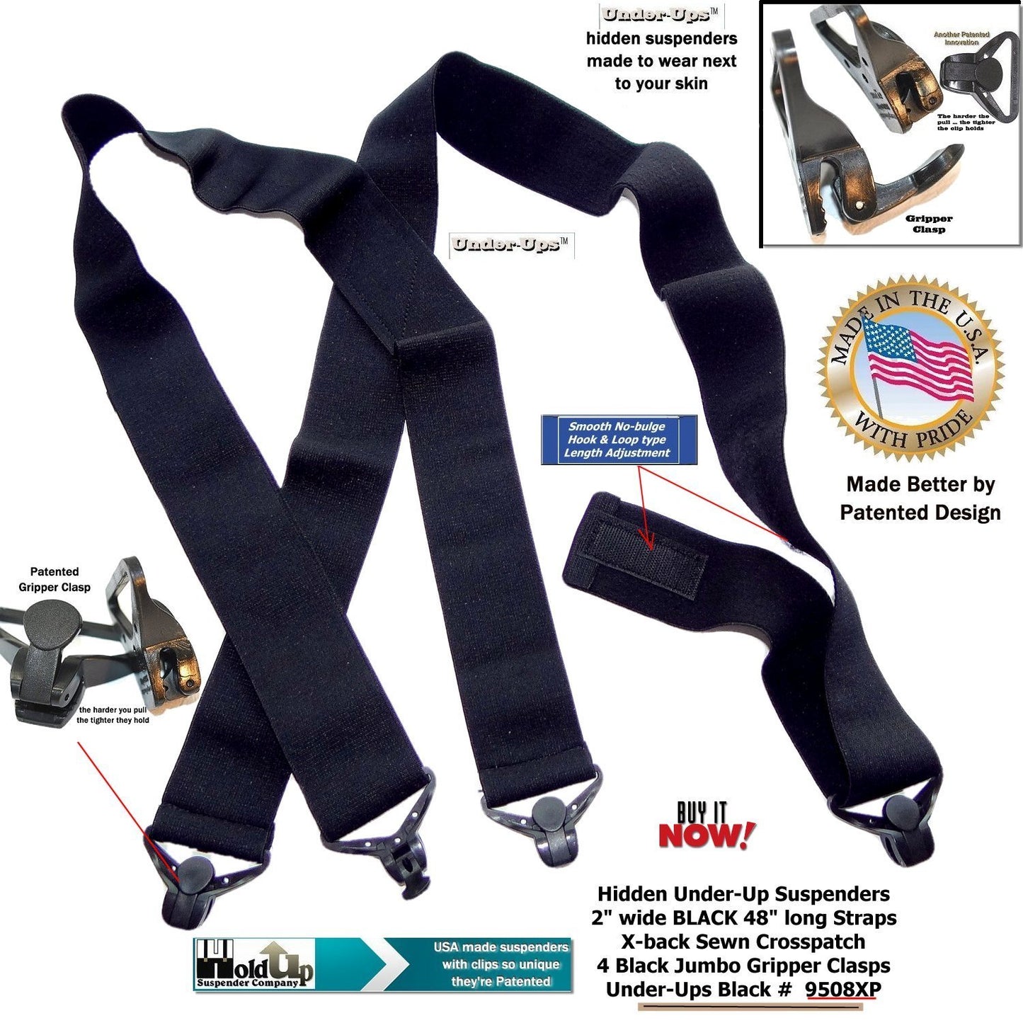 HoldUp Brand 2" Under-Up Series All Black hidden Suspenders with Jumbo Black Gripper Clasp