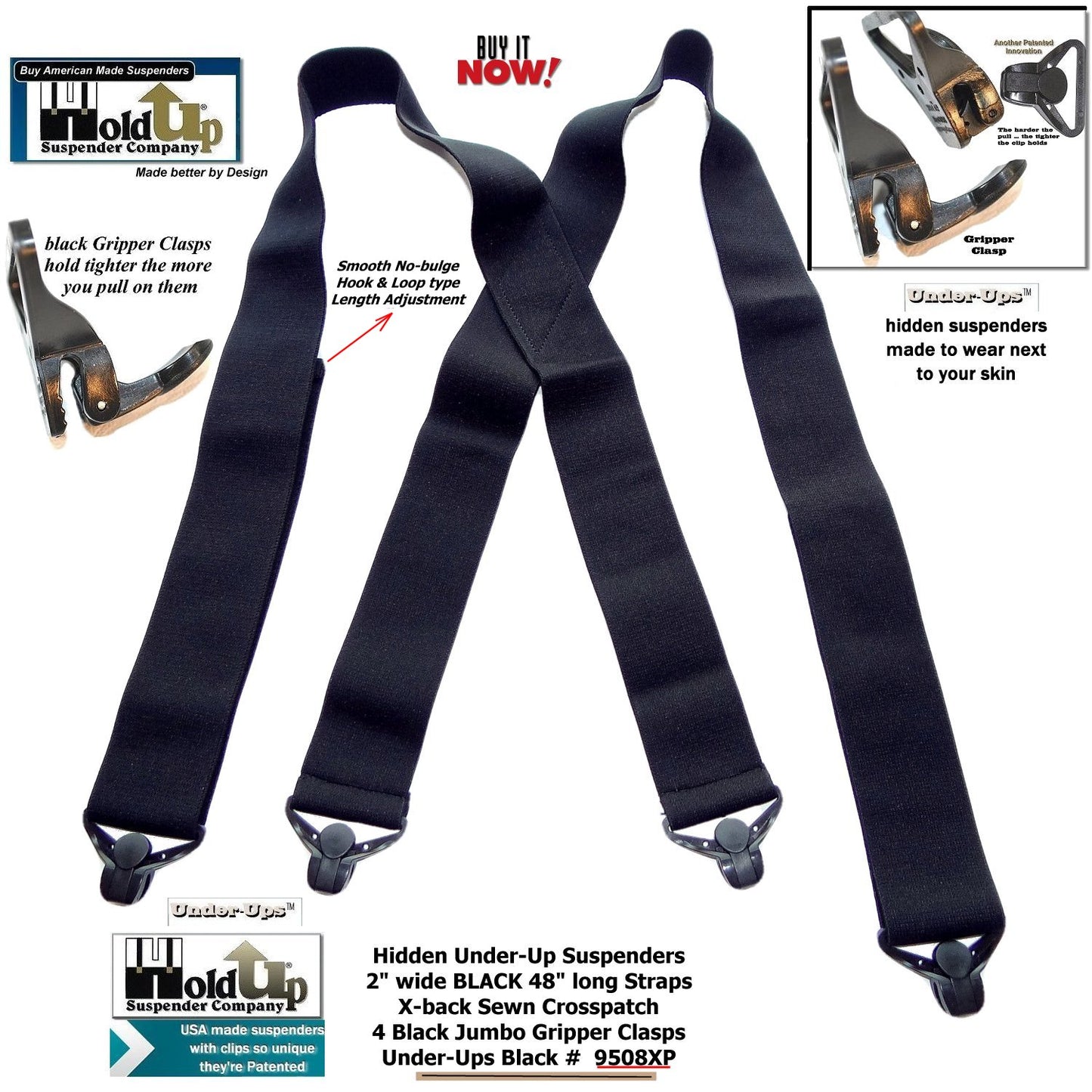 HoldUp Brand 2" Under-Up Series All Black hidden Suspenders with Jumbo Black Gripper Clasp