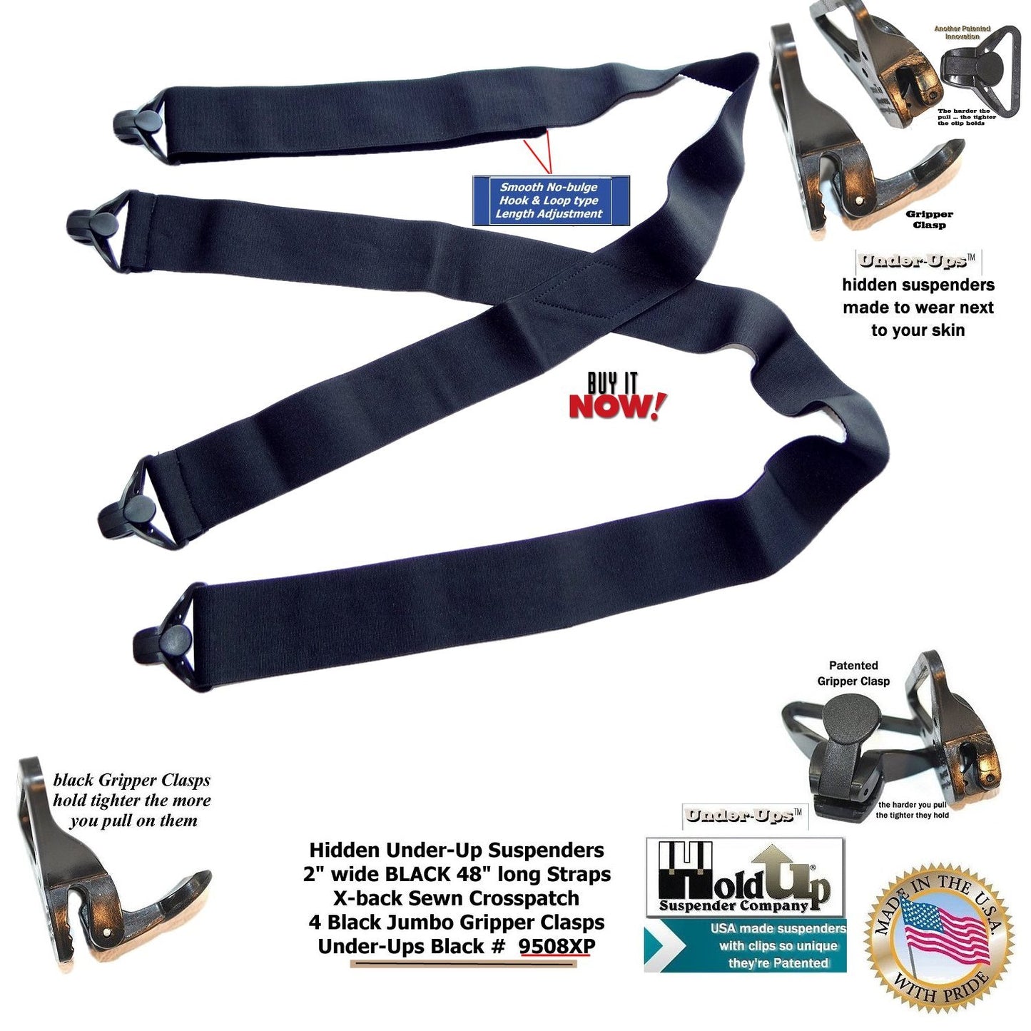 HoldUp Brand 2" Under-Up Series All Black hidden Suspenders with Jumbo Black Gripper Clasp