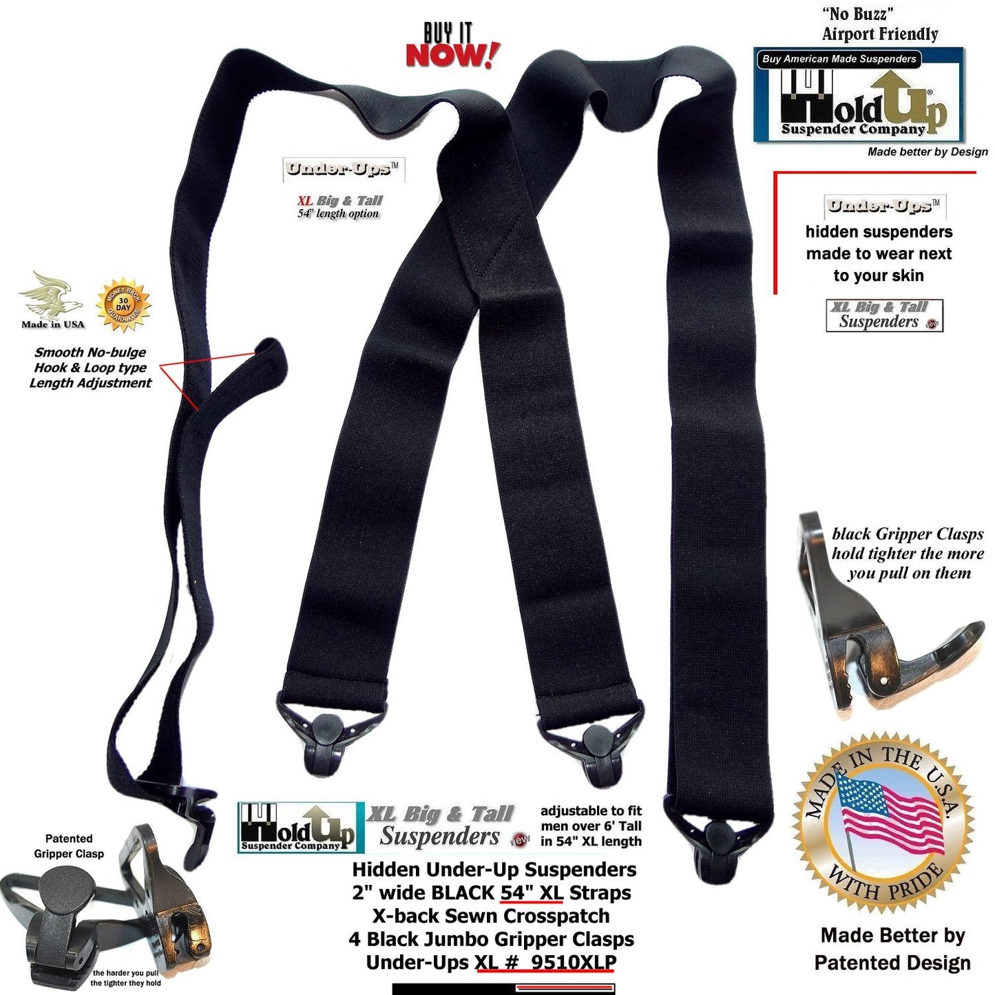 HoldUp Brand XL Black Under-Up Series Suspenders with Super Strong Jumbo Gripper Clasp