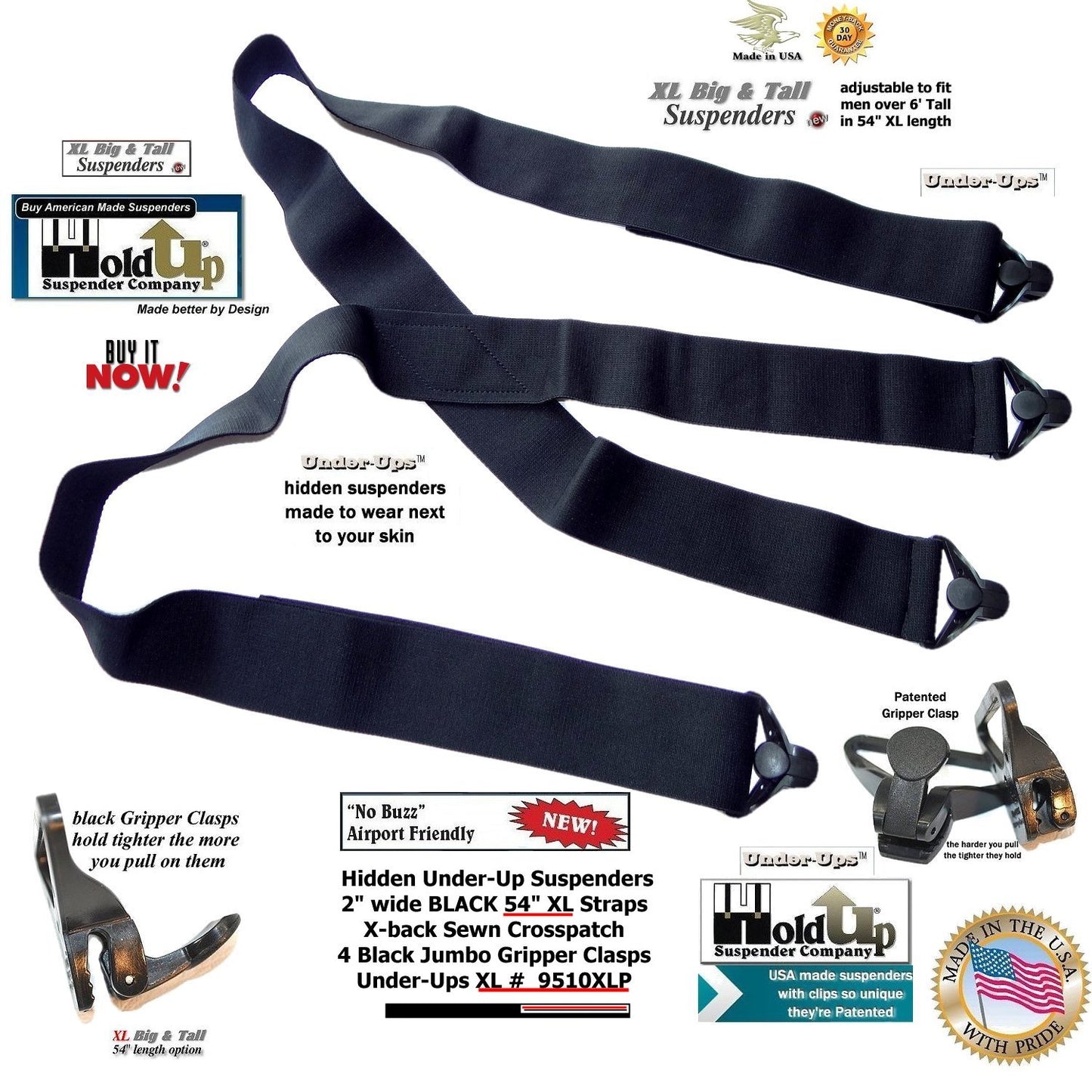 HoldUp Brand XL Black Under-Up Series Suspenders with Super Strong Jumbo Gripper Clasp