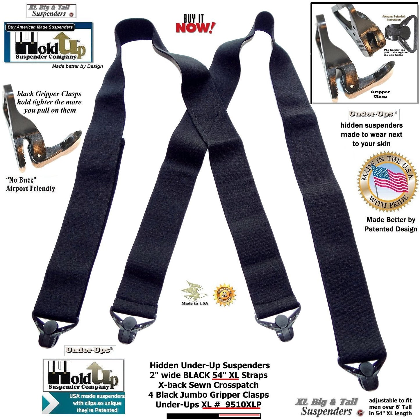 HoldUp Brand XL Black Under-Up Series Suspenders with Super Strong Jumbo Gripper Clasp