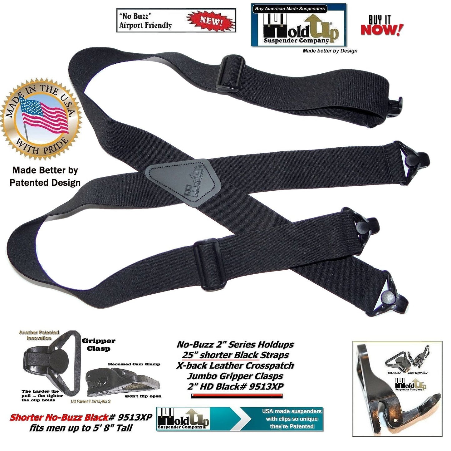 No-buzz HoldUp Airport Friendly 2" Wide 48" long Black X-back Suspenders with Patented Black Gripper Clasps