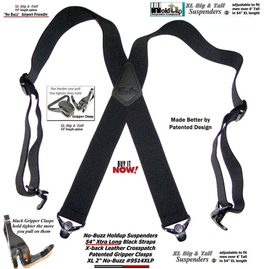 Hold-Ups 2" wide XL Airport Friendly Black X-back Suspenders with 4 Patented Gripper clasps