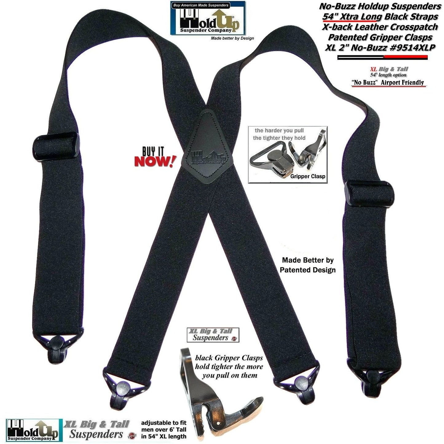 Hold-Ups 2" wide XL Airport Friendly Black X-back Suspenders with 4 Patented Gripper clasps