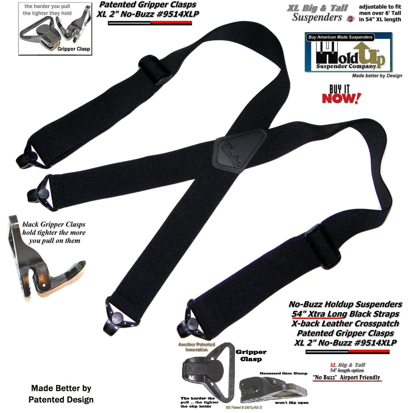 Hold-Ups 2" wide XL Airport Friendly Black X-back Suspenders with 4 Patented Gripper clasps