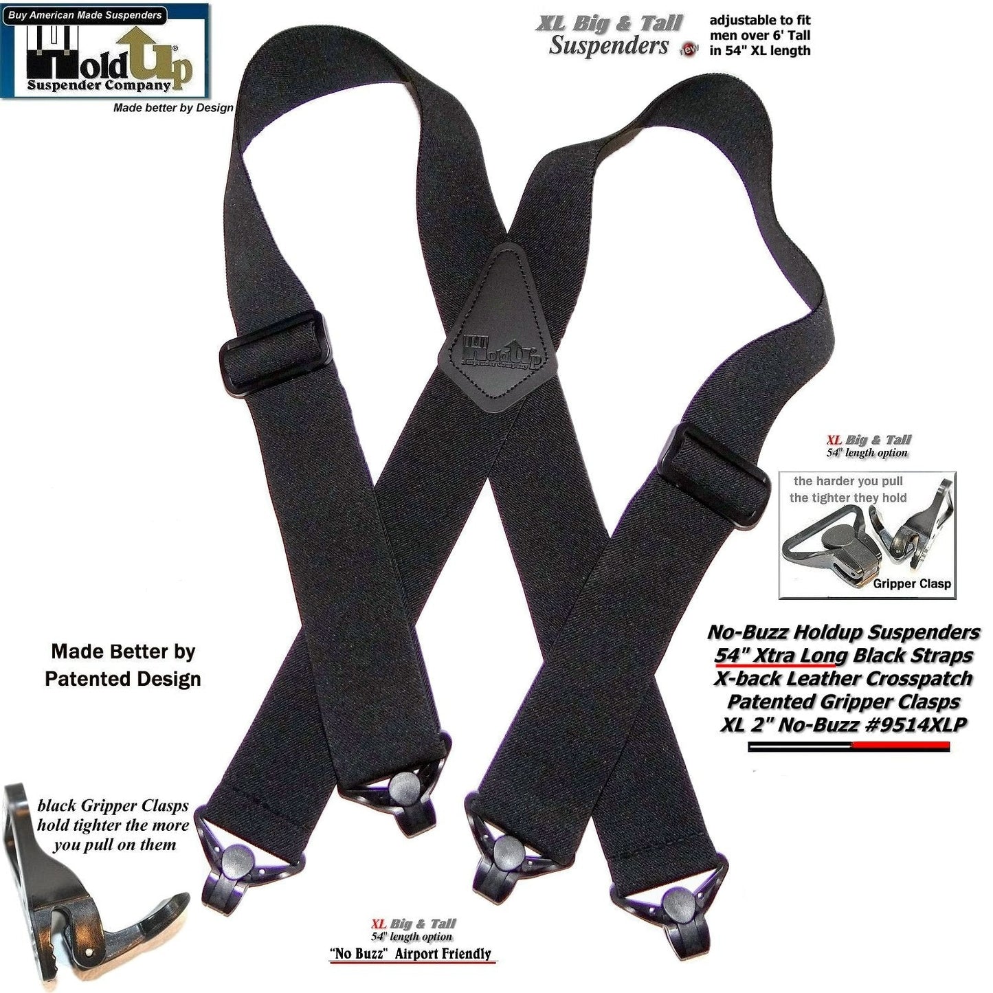 Hold-Ups 2" wide XL Airport Friendly Black X-back Suspenders with 4 Patented Gripper clasps