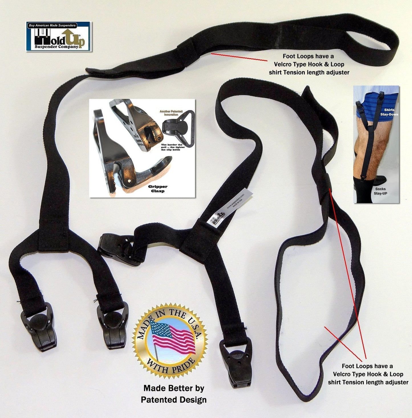 Holdup USA made Stirrup Style Shirt Tail Straps with Patented Gripper Clasps called Shirt Stay Downs