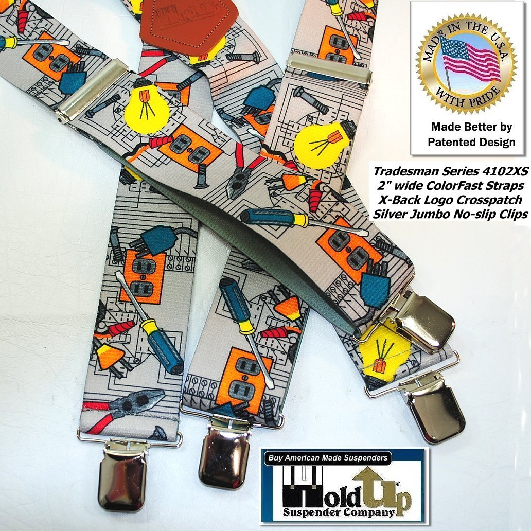 Holdup Brand 2" Wide Tradesman Work Suspenders in Electrician Pattern X-back with Patented No-slip Clips