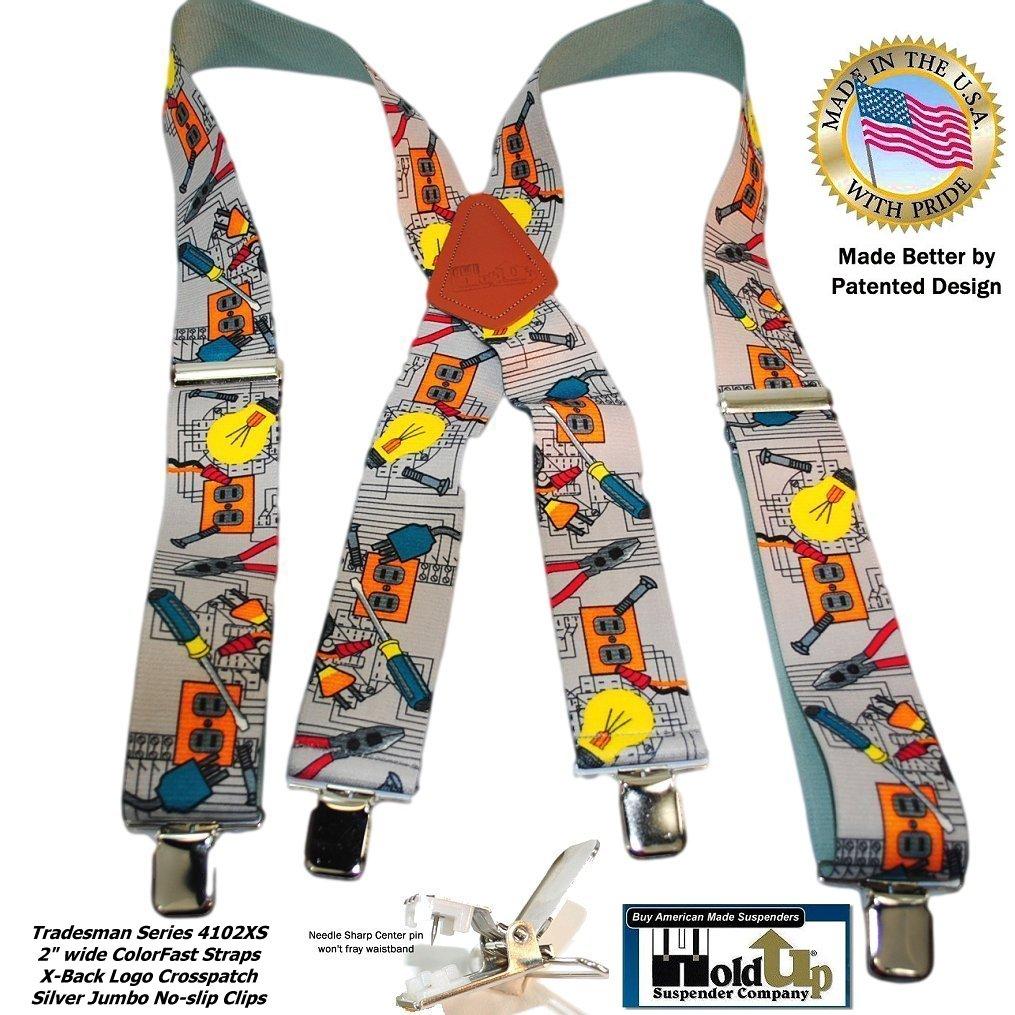 Holdup Brand 2" Wide Tradesman Work Suspenders in Electrician Pattern X-back with Patented No-slip Clips