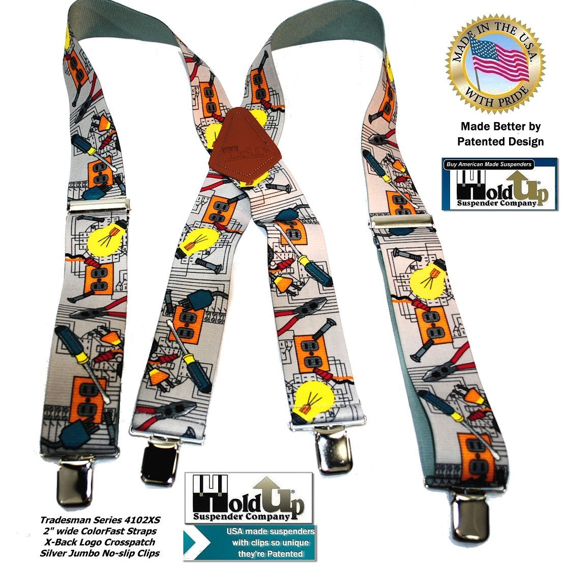 Holdup Brand 2" Wide Tradesman Work Suspenders in Electrician Pattern X-back with Patented No-slip Clips