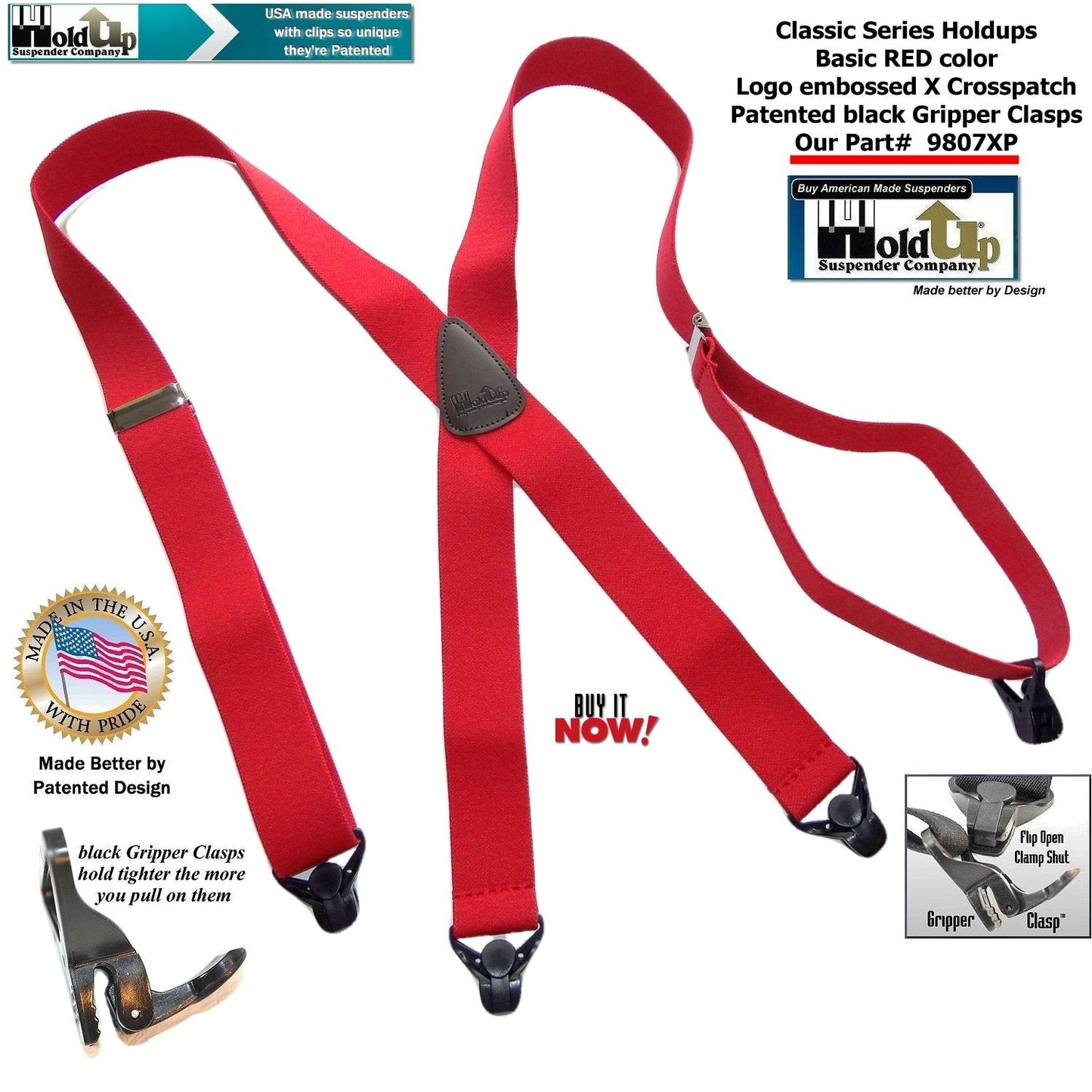 Classic RED Holdup X-back Suspenders with Patented strong black Gripper Clasps