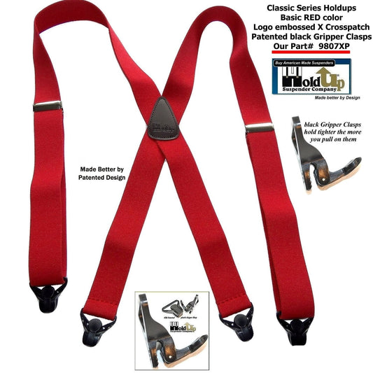 Classic RED Holdup X-back Suspenders with Patented strong black Gripper Clasps