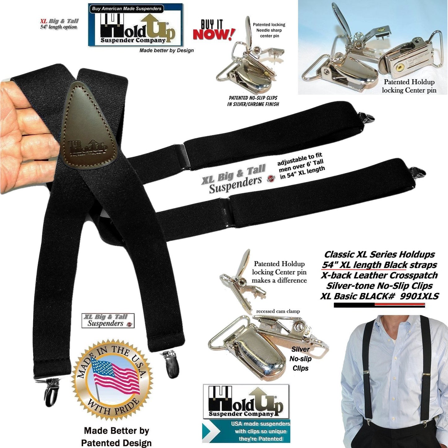 Holdup Suspender Classic Series Black XL 54"longer Suspenders in X-back style with Patented No-slip Clips.