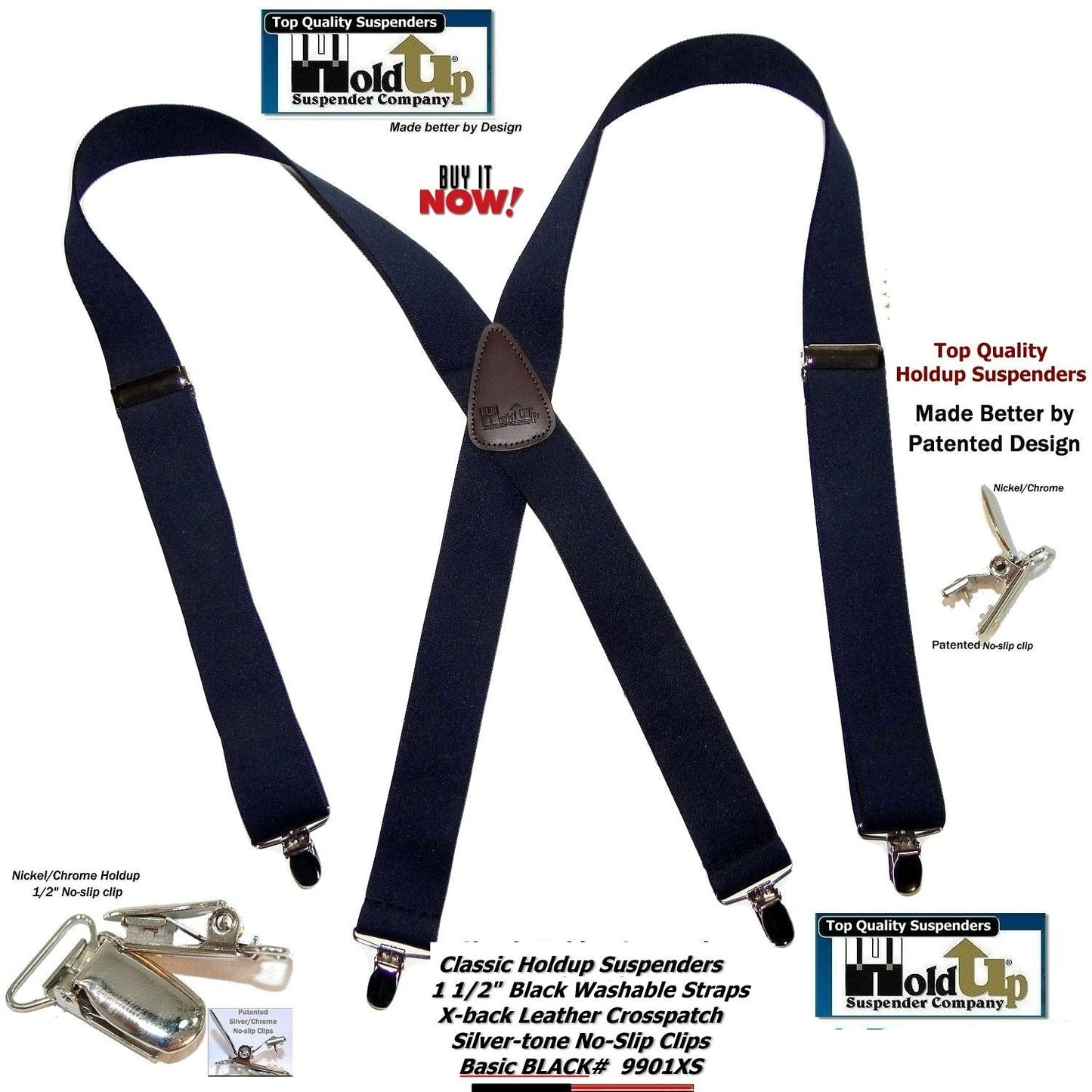 Holdup Suspender Brand Classic X-back Black Suspenders with no-slip USA Patented clips