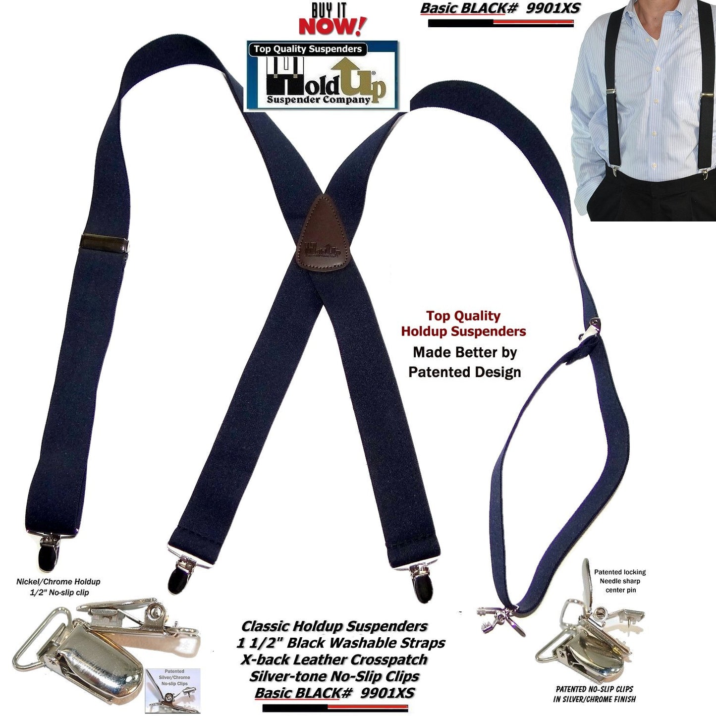 Holdup Suspender Brand Classic X-back Black Suspenders with no-slip USA Patented clips