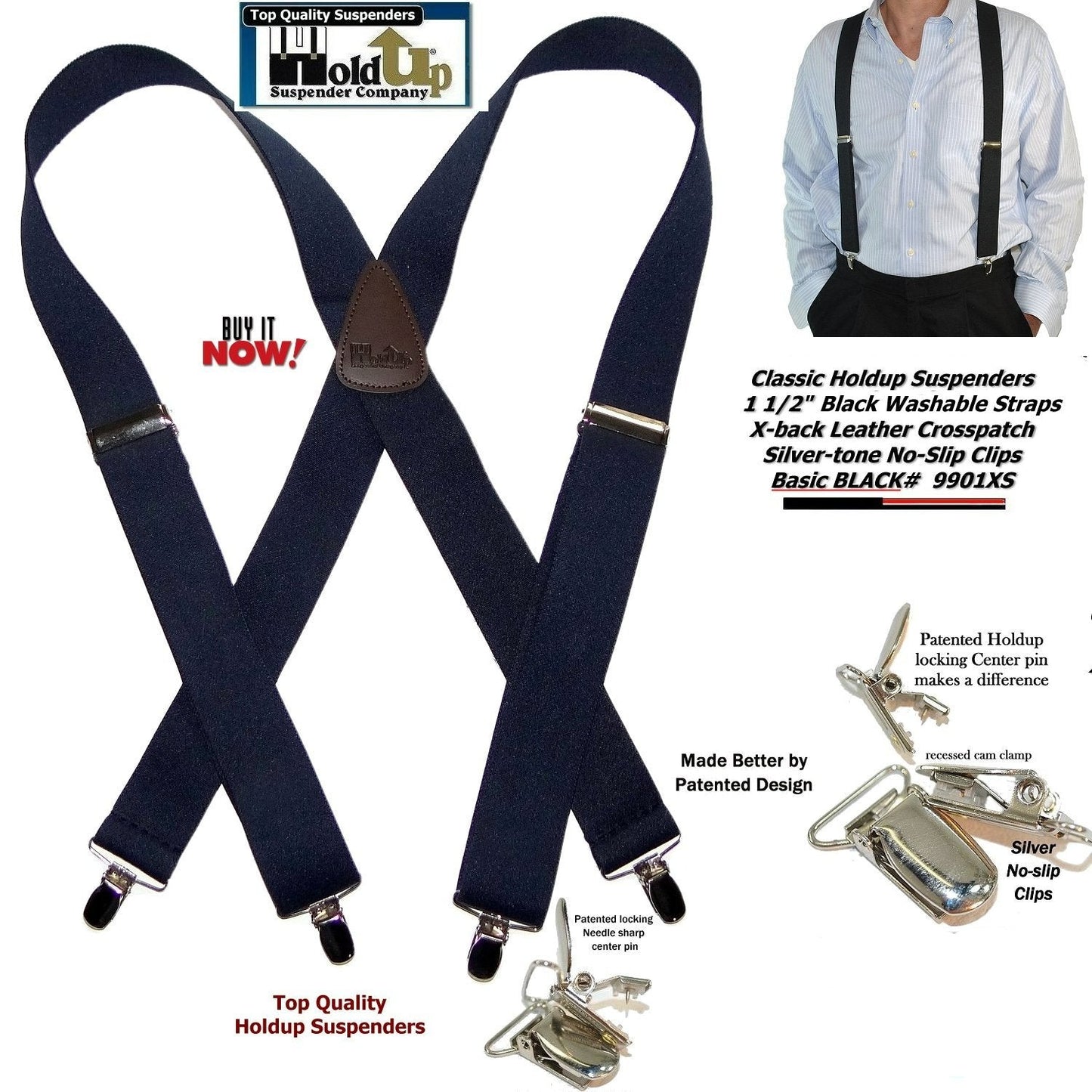 Holdup Suspender Brand Classic X-back Black Suspenders with no-slip USA Patented clips