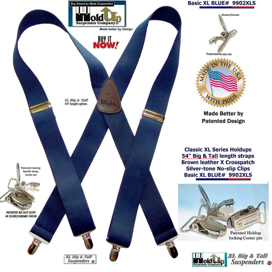 Hold Suspender Company Classic Dark Blue XL Suspenders in X-back Style with Patented silver no-slip clips