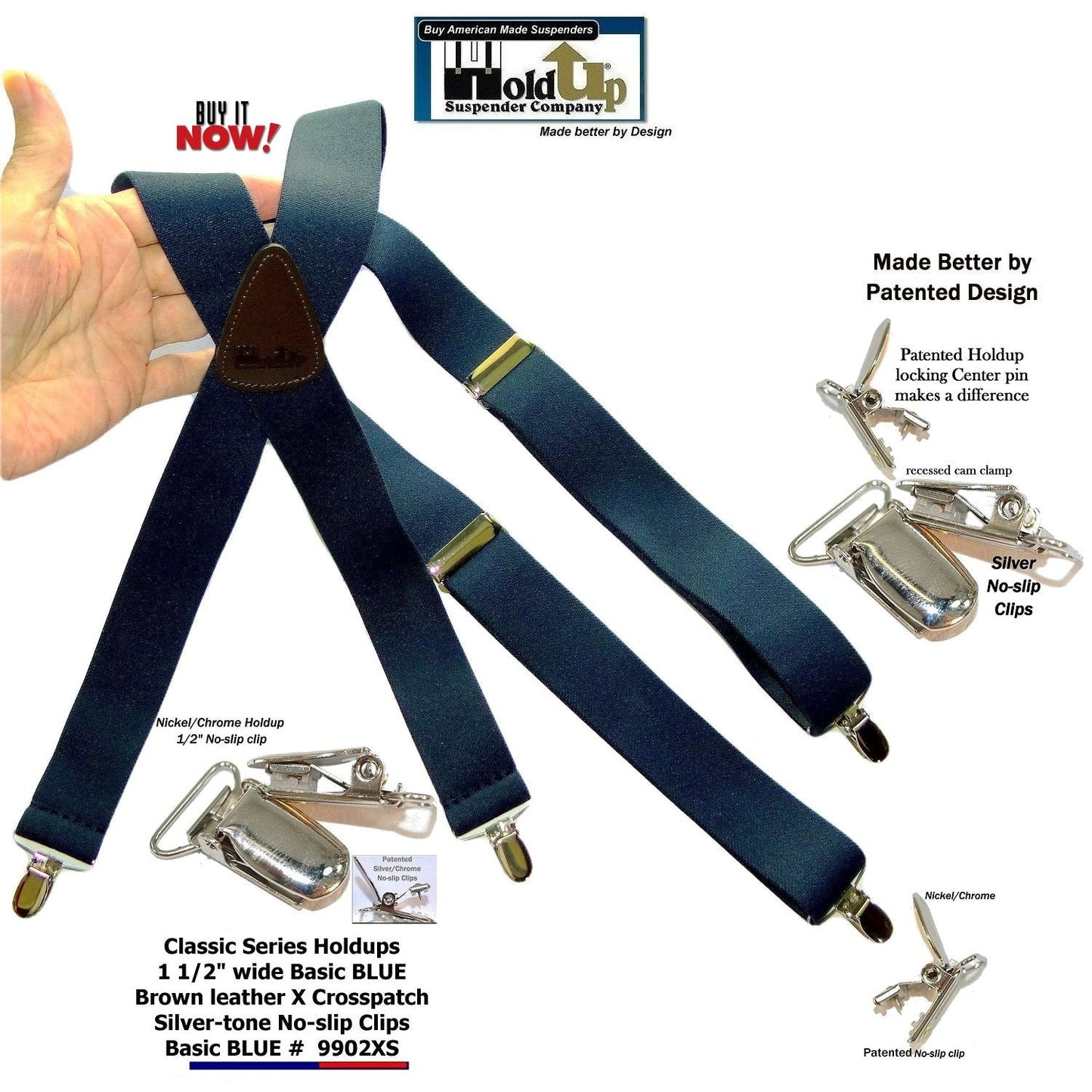 HoldUp Brand Classic Series Basic Dark Blue X-back Suspenders with USA Patented Silver tone No-slip Clips