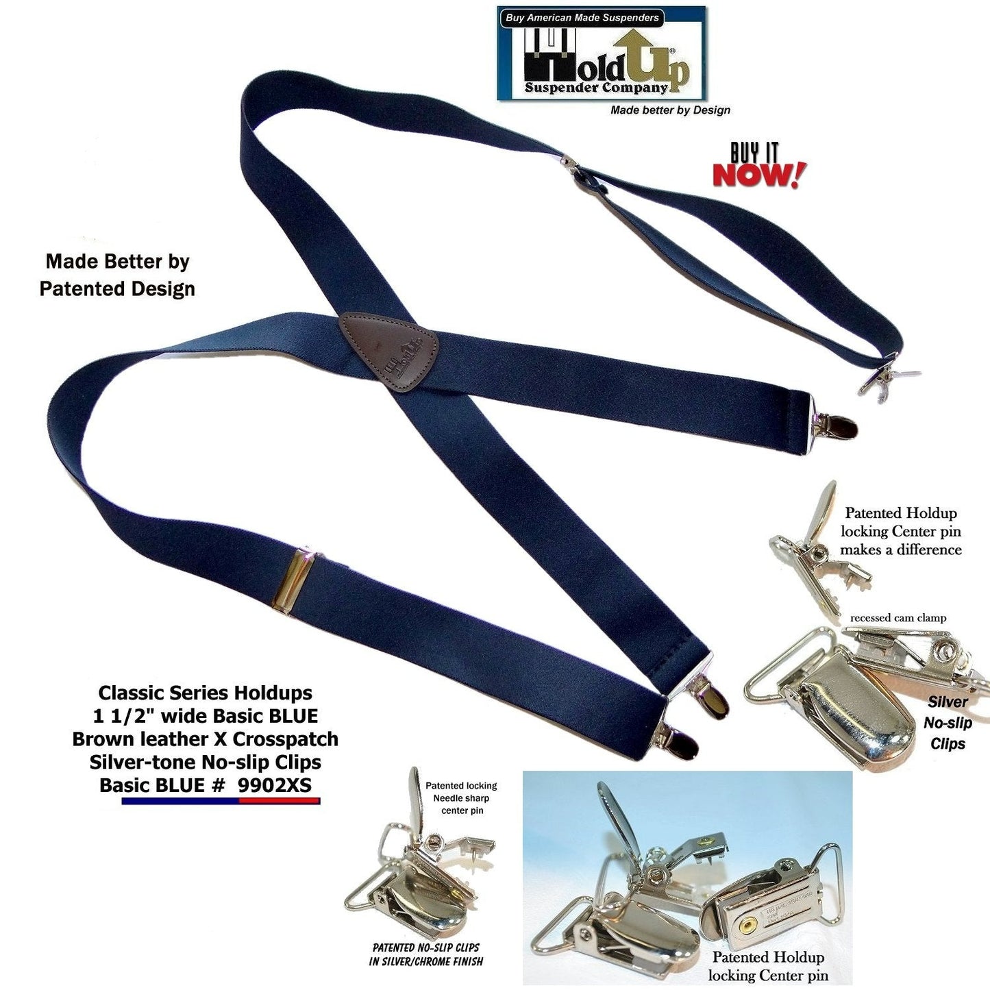 HoldUp Brand Classic Series Basic Dark Blue X-back Suspenders with USA Patented Silver tone No-slip Clips