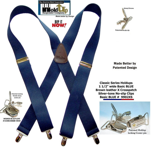 HoldUp Brand Classic Series Basic Dark Blue X-back Suspenders with USA Patented Silver tone No-slip Clips