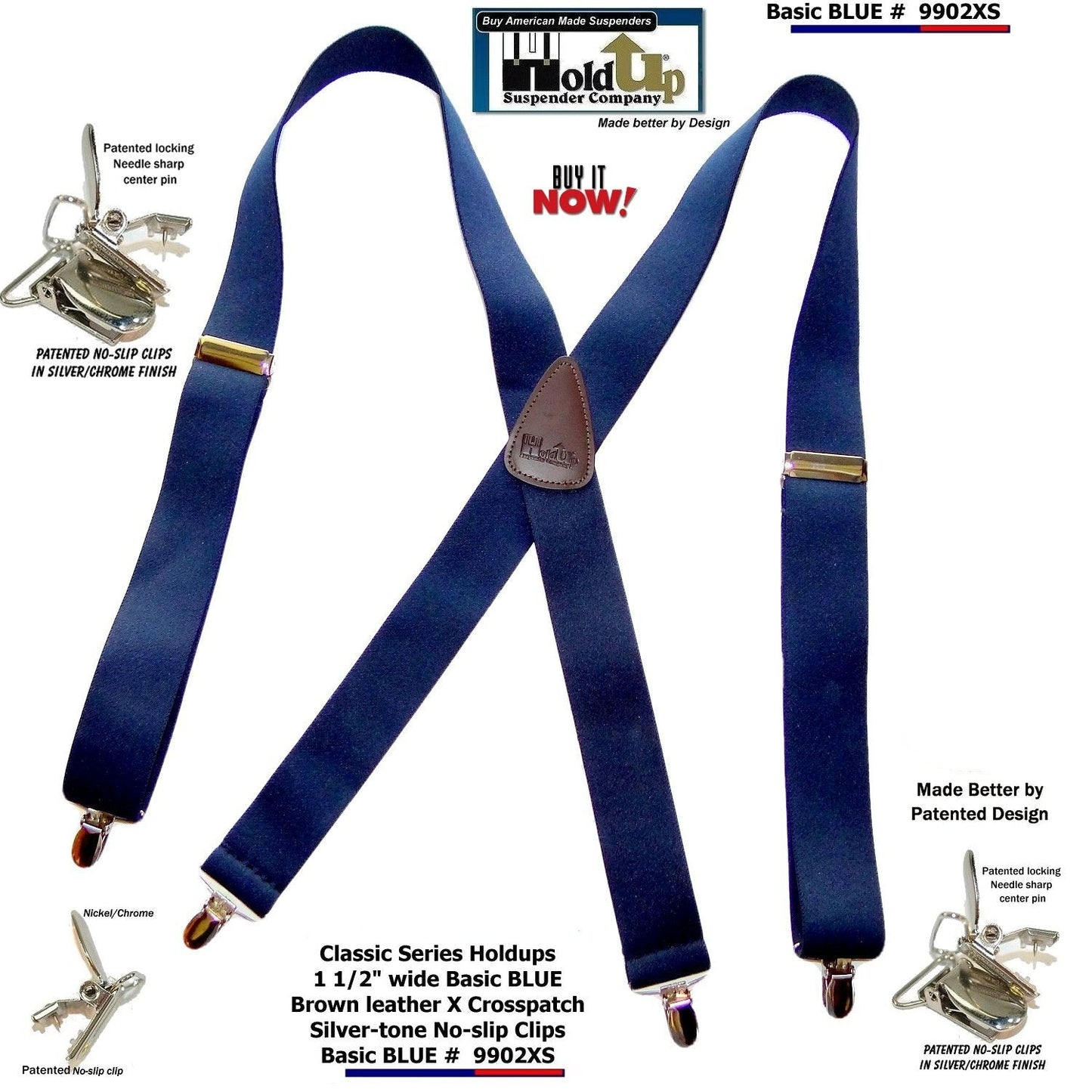 HoldUp Brand Classic Series Basic Dark Blue X-back Suspenders with USA Patented Silver tone No-slip Clips