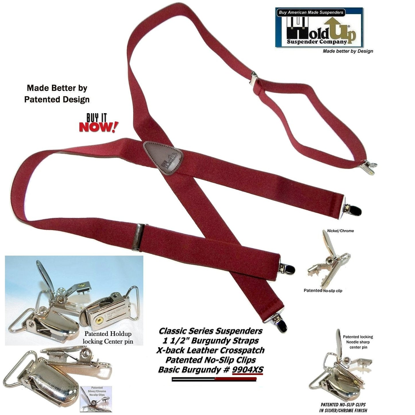 Classic Burgundy X-back Holdup Suspenders with Silver-tone USA patented No-slip Clips