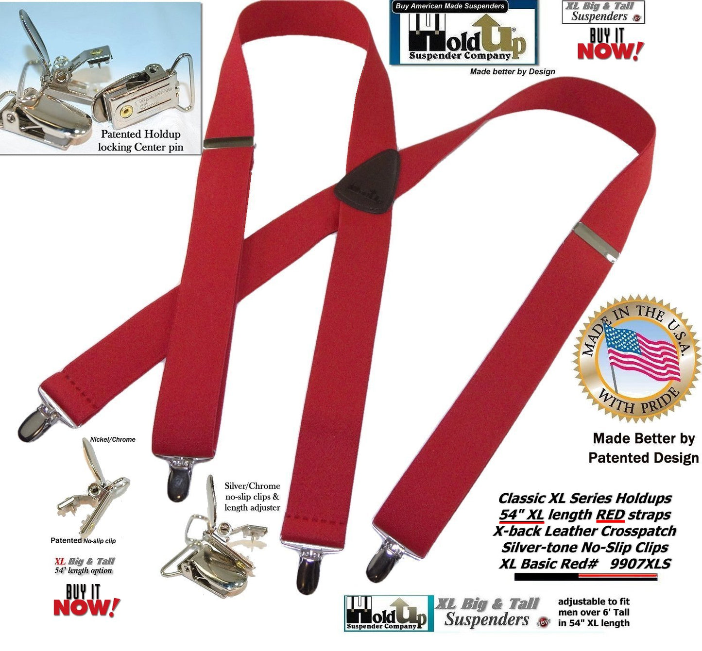 Holdup Brand Classic Series Red X-back XL Suspenders with Patented No-slip Clips