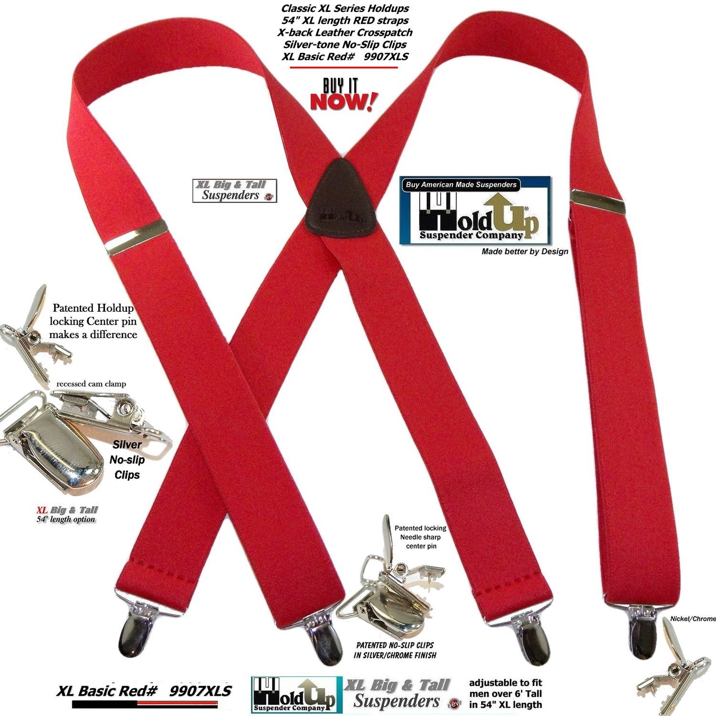 Holdup Brand Classic Series Red X-back XL Suspenders with Patented No-slip Clips