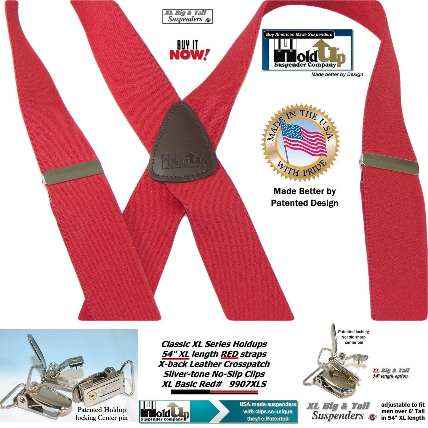 Holdup Brand Classic Series Red X-back XL Suspenders with Patented No-slip Clips