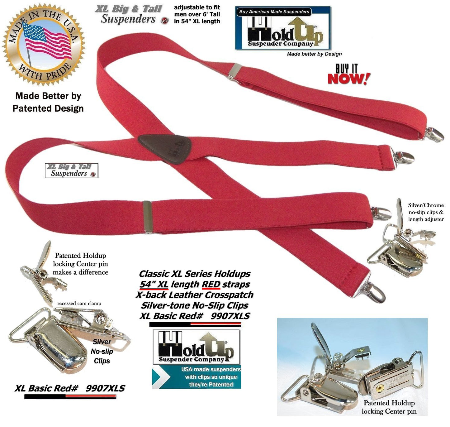 Holdup Brand Classic Series Red X-back XL Suspenders with Patented No-slip Clips