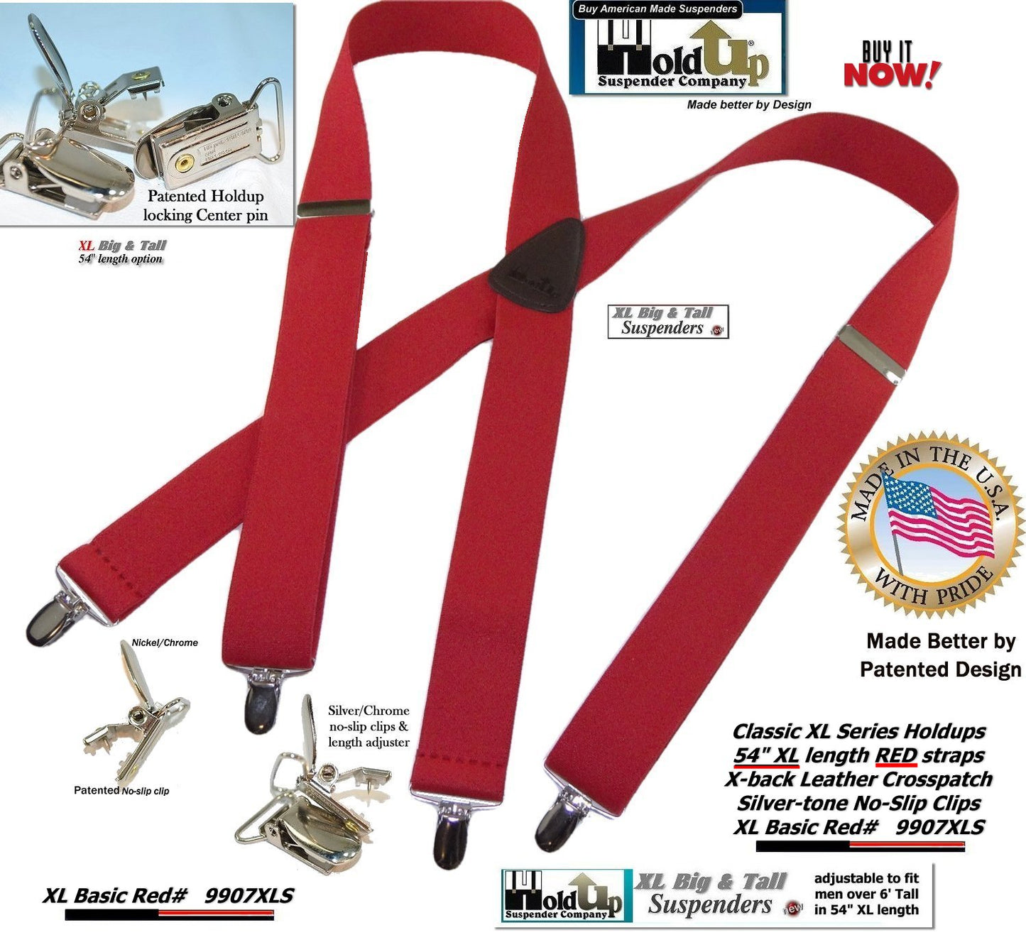 Holdup Brand Classic Series Red X-back XL Suspenders with Patented No-slip Clips