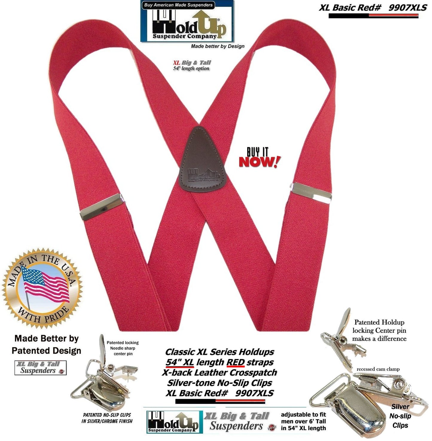 Holdup Brand Classic Series Red X-back XL Suspenders with Patented No-slip Clips