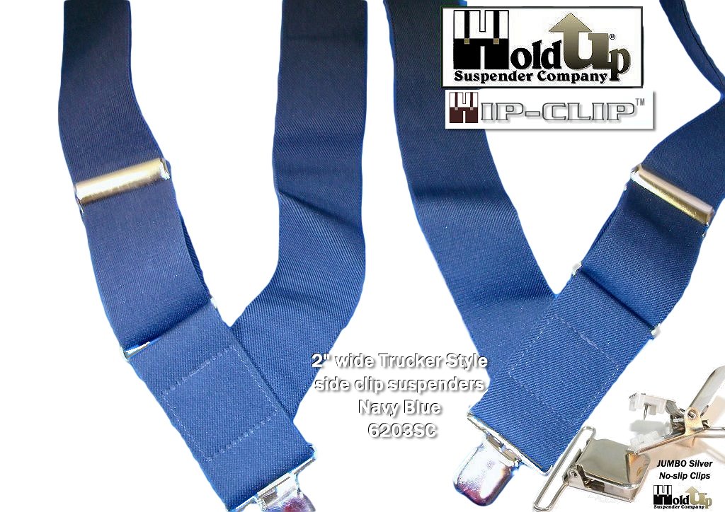 Navy Blue 2" Wide Hip-Clip Suspenders with Patented silver-tone no-slip jumbo clips